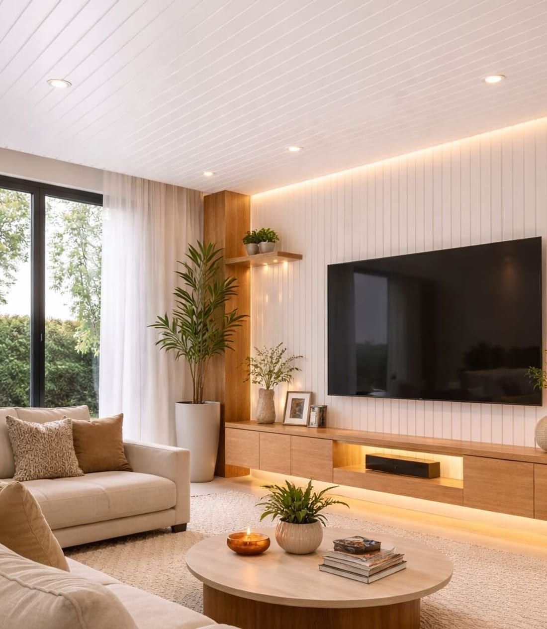 Sala com forro PVC branco frisado e painel ripado Belo Santo