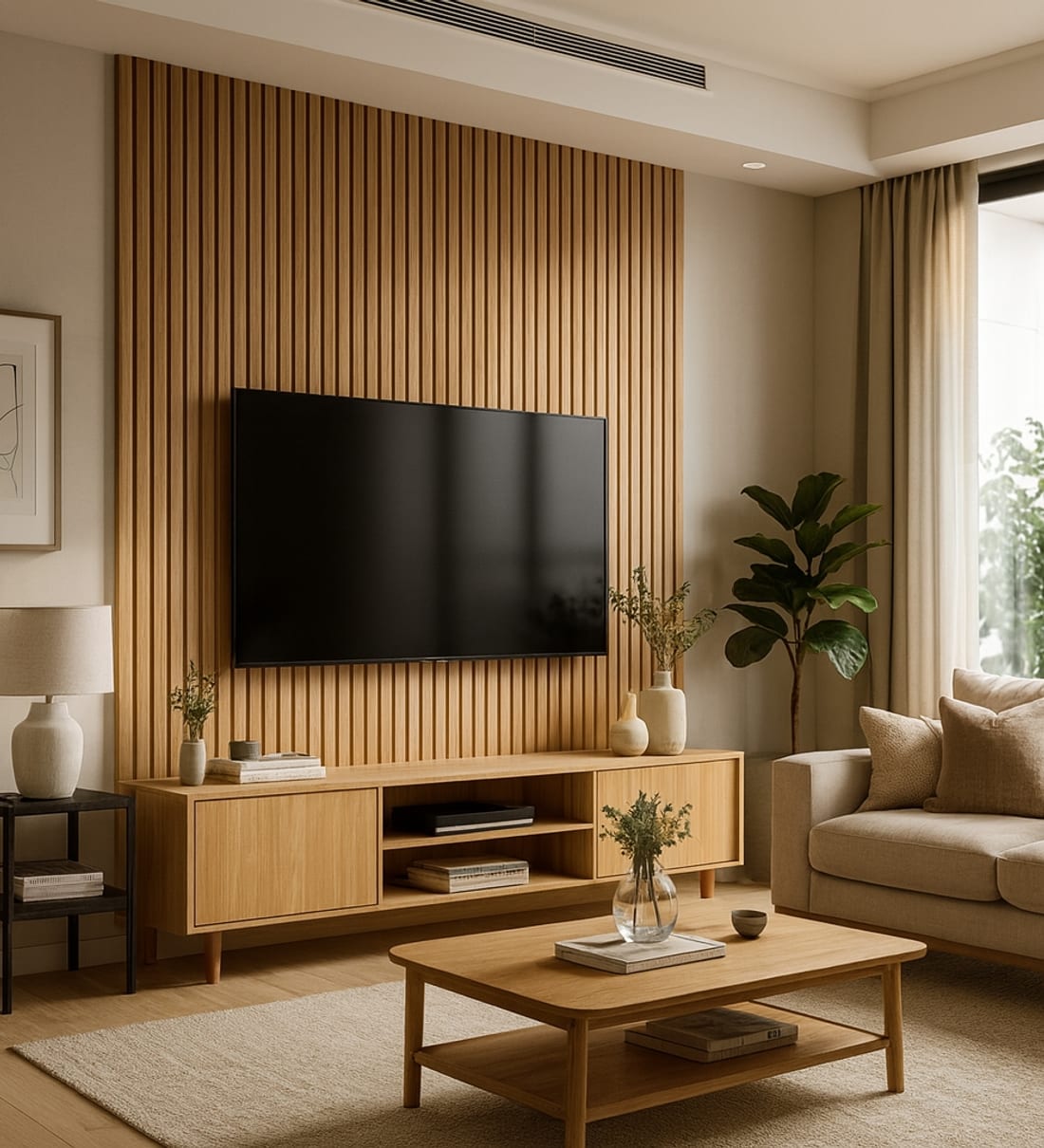 Painel ripado PVC carvalho aplicado em sala